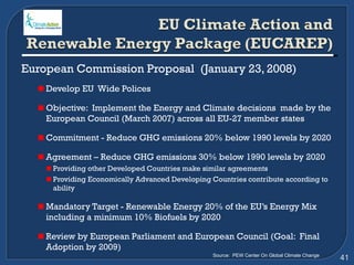 European Commission Proposal  (January 23, 2008) Develop EU  Wide Polices Objective:  Implement the Energy and Climate decisions  made by the European Council (March 2007) across all EU-27 member states Commitment - Reduce GHG emissions 20% below 1990 levels by 2020 Agreement – Reduce GHG emissions 30% below 1990 levels by 2020 Providing other Developed Countries make similar agreements Providing Economically Advanced Developing Countries contribute according to ability Mandatory Target - Renewable Energy 20% of the EU’s Energy Mix including a minimum 10% Biofuels by 2020 Review by European Parliament and European Council (Goal:  Final Adoption by 2009) Source:  PEW Center On Global Climate Change 