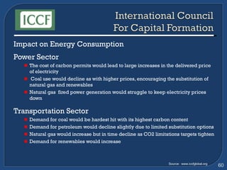 Impact on Energy Consumption Power Sector The cost of carbon permits would lead to large increases in the delivered price of electricity Coal use would decline as with higher prices, encouraging the substitution of natural gas and renewables Natural gas  fired power generation would struggle to keep electricity prices down Transportation Sector Demand for coal would be hardest hit with its highest carbon content Demand for petroleum would decline slightly due to limited substitution options Natural gas would increase but in time decline as CO2 limitations targets tighten Demand for renewables would increase Source:  www.iccfglobal.org 