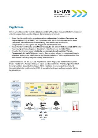 www.eu-live.eu
Ergebnisse
Um die Umsetzbarkeit der zentralen Strategie von EU-LIVE und die modulare Plattform umfassend
unter Beweis zu stellen, werden folgende Demonstratoren entwickelt:
> Realer, fahrbereiter Prototyp eines innovativen, vollwertigen 3-rädrigen Fahrzeugs als
Plug-in-Hybrid EV (L5e PHEV), mit Emissionen unter den Euro-5-Grenzwerten im realen
Fahrbetrieb, reduzierter Geräuschentwicklung, reduziertem CO2-Ausstoß und
Energieverbrauch, der zugleich als „Flaggschiff“ des Projektes dient;
> Realer, fahrbereiter Prototyp eines Motorrollers (L3e) mit reinem Batterieantrieb (BEV) unter
Verwendung von technologischen Bausteinen / Gleichteilen aus dem L5e PHEV;
> Virtueller Demonstrator eines vollständig neu konzipierten ultraleichten Vierrad-
Fahrzeuges (L6e) als BEV-Konzept, das im Rahmen eines offenen Innovationswettbewerbs
entwickeln wird und das volle Potenzial der Übertragbarkeit von Technologiebausteinen über
verschiedene Fahrzeugkategorien hinweg veranschaulicht.
Zusammenfassend soll das EU-LIVE Projekt einen klaren Weg für die Markteinführung einer
breiten Palette von L-Klasse-Fahrzeugen bieten und dabei sämtliche Anforderungen hinsichtlich
Serienproduktion, Gesamtbetriebskosten (TCO – total cost of ownership), Sicherheit und
Konnektivität wie bei herkömmlichen PKW für europäische als auch außereuropäische Märkte
berücksichtigen.
 