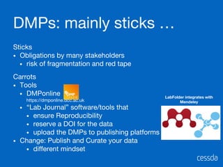 DMPs: mainly sticks …
Sticks
• Obligations by many stakeholders
• risk of fragmentation and red tape
Carrots
• Tools
• DMP...