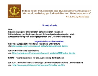 Prof. Dr. Dipl. Ing Mehmet Erdas




                                        Strukturfonds
Ziele:
1) Entwicklung der am stärksten benachteiligten Regionen
2) Umstellung von Regionen, die mit Schwierigkeiten konfrontiert sind.
3) Modernisierung von Bildungssystemen und Geschäftsförderung

                         Umgesetzt durch 4 Instrumente:
1) EFRE: Europäische Fonds für Regionale Entwicklung
Info:http://europa.eu.int/comm/regional_policy/funds/prord/prord_de.htm

2) ESF: Europäische Sozialfonds
Info:http://europa.eu.int/comm/employment_social/esf200/index_de.htm

4) FIAF: Finanzinstrument für die Ausrichtung der Fischerei

5) EAGFL: Europäischer Asrichtungs- und Garantiefonds für die Landwirtschaft
Info: http://europa.eu.int/comm/apricueture/fin/index_de.htm
 