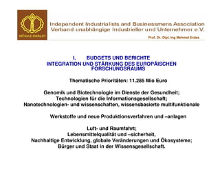 Prof. Dr. Dipl. Ing Mehmet Erdas




                  I.  BUDGETS UND BERICHTE
         INTEGRATION UND STÄRKUNG DES EUROPÄISCHEN
                       FORSCHUNGSRAUMS

                  Thematische Prioritäten: 11.285 Mio Euro

       Genomik und Biotechnologie im Dienste der Gesundheit;
            Technologien für die Informationsgesellschaft;
Nanotechnologien- und wissenschaften, wissensbasierte multifunktionale

          Werkstoffe und neue Produktionsverfahren und –anlagen

                        Luft- und Raumfahrt;
                Lebensmittelqualität und –sicherheit,
  Nachhaltige Entwicklung, globale Veränderungen und Ökosysteme;
            Bürger und Staat in der Wissensgesellschaft.
 
