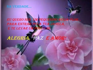 NA VERDADE...  eu quero ser  um pequenino beija-flor...  Para entrar pela tua janela, e te levar um pouco de  Alegria,  Paz   e Amor!  