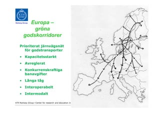 Europa –
Railway Group



            gröna
        godskorridorer
    Prioriterat järnvägsnät
       för godstransporter
    • Kapacitetsstarkt
    • Avreglerat
    • Konkurrenskraftiga
      banavgifter
    • Långa tåg
    • Interoperabelt
    • Intermodalt

KTH Railway Group • Center for research and education in Railway technology - Railway development in Sweden
                                                                              14
 