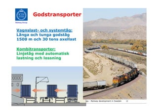 Godstransporter
Railway Group




 Vagnslast- och systemtåg:
 Långa och tunga godståg
 1500 m och 30 tons axellast

 Kombitransporter:
 Linjetåg med automatisk
 lastning och lossning




KTH Railway Group • Center for research and education in Railway technology - Railway development in Sweden   17
 