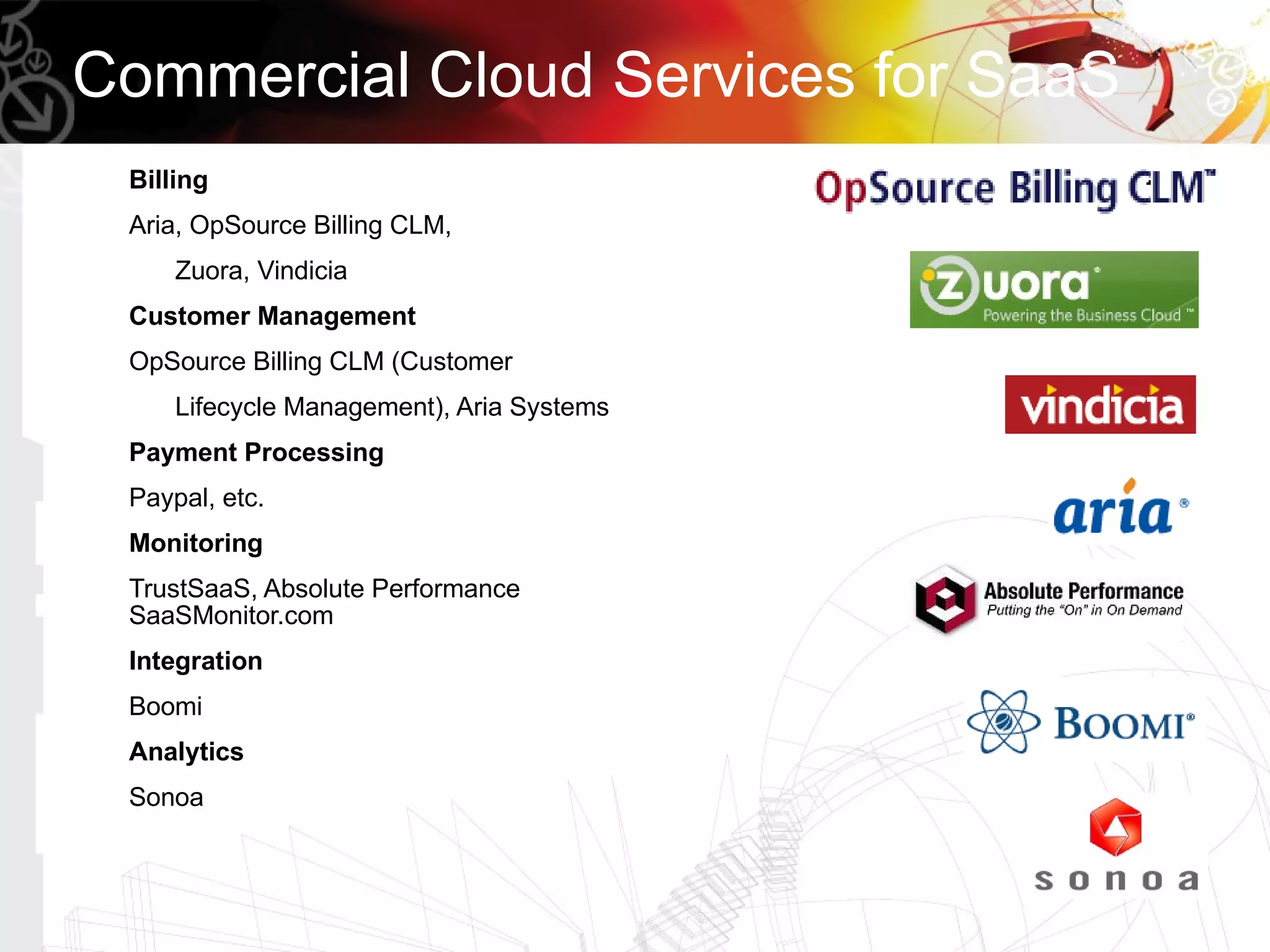 Commercial Cloud Services for SaaS
 Billing
 Aria, OpSource Billing CLM,
     Zuora, Vindicia
 Customer Management
 OpSource Billing CLM (Customer
     Lifecycle Management), Aria Systems
 Payment Processing
 Paypal, etc.
 Monitoring
 TrustSaaS, Absolute Performance
 SaaSMonitor.com
 Integration
 Boomi
 Analytics
 Sonoa
 