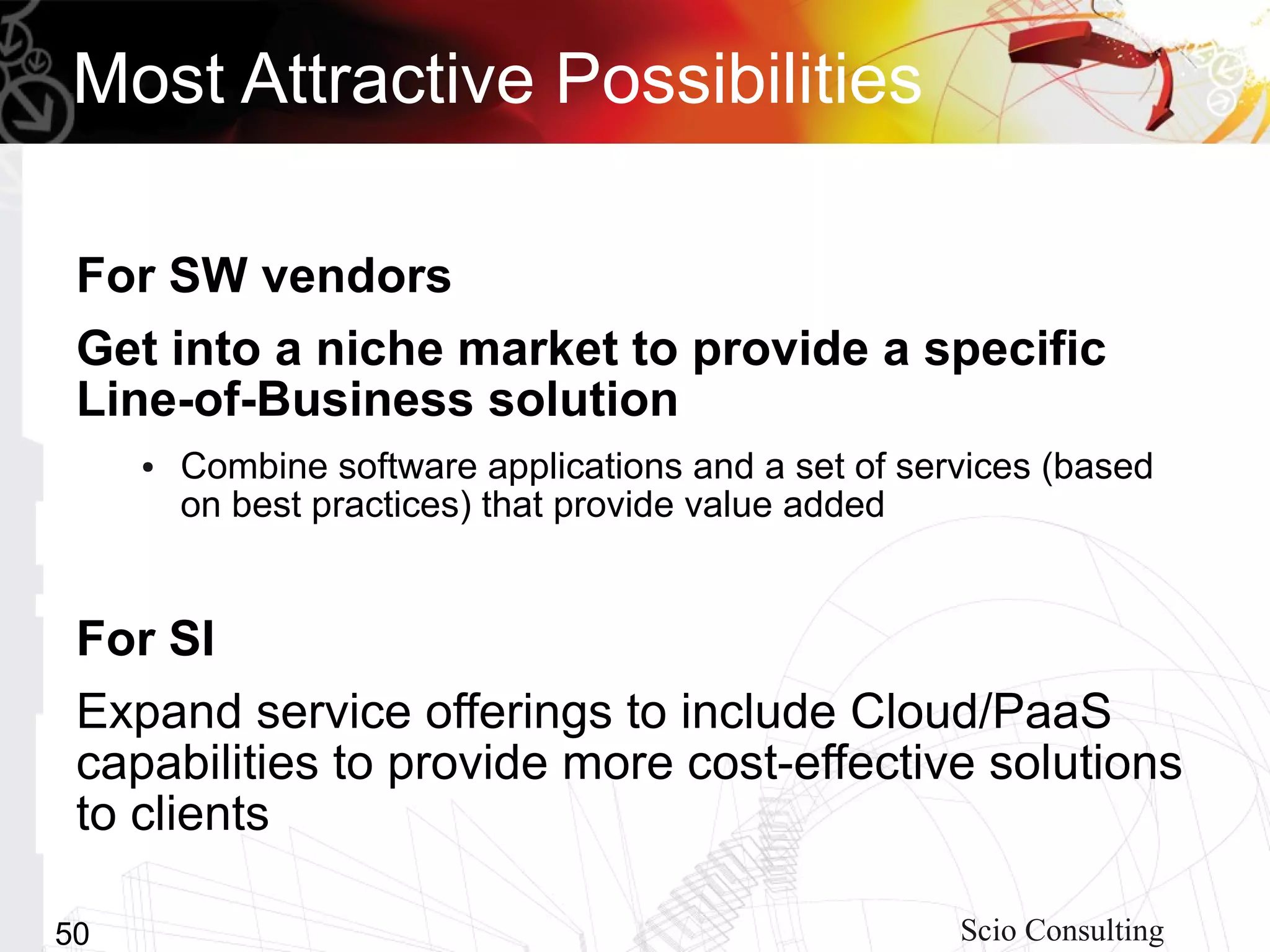 Most Attractive Possibilities

 For SW vendors
 Get into a niche market to provide a specific
 Line-of-Business solution
     ●   Combine software applications and a set of services (based
         on best practices) that provide value added


 For SI
 Expand service offerings to include Cloud/PaaS
 capabilities to provide more cost-effective solutions
 to clients

50                                                     Scio Consulting
 