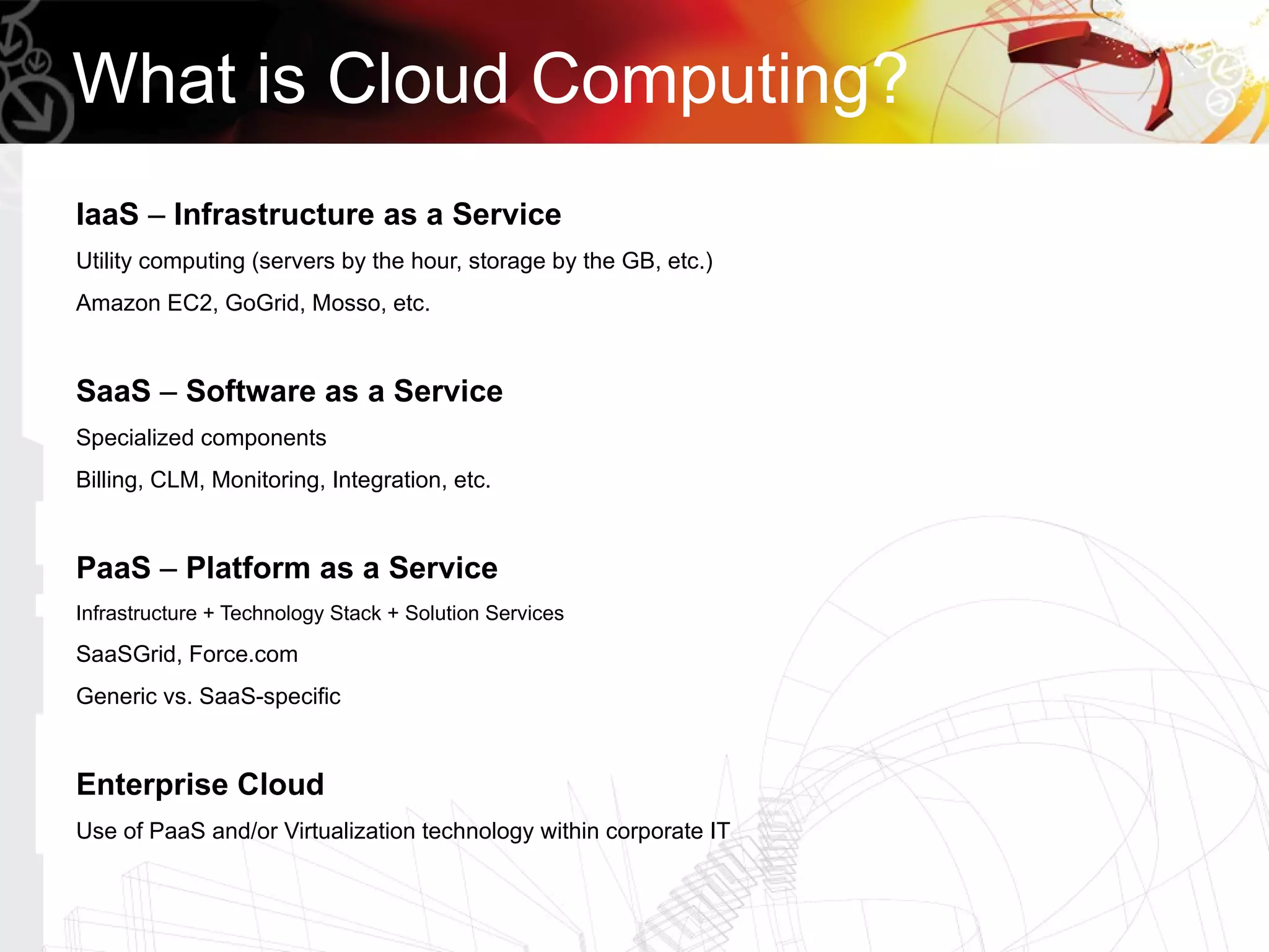 What is Cloud Computing?
IaaS – Infrastructure as a Service
Utility computing (servers by the hour, storage by the GB, etc.)
Amazon EC2, GoGrid, Mosso, etc.


SaaS – Software as a Service
Specialized components
Billing, CLM, Monitoring, Integration, etc.


PaaS – Platform as a Service
Infrastructure + Technology Stack + Solution Services

SaaSGrid, Force.com
Generic vs. SaaS-specific


Enterprise Cloud
Use of PaaS and/or Virtualization technology within corporate IT
 