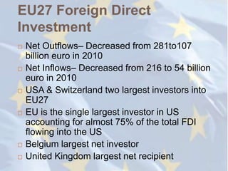 EU27 Foreign Direct
Investment
   Net Outflows– Decreased from 281to107
    billion euro in 2010
   Net Inflows– Decreased from 216 to 54 billion
    euro in 2010
   USA & Switzerland two largest investors into
    EU27
   EU is the single largest investor in US
    accounting for almost 75% of the total FDI
    flowing into the US
   Belgium largest net investor
   United Kingdom largest net recipient
 