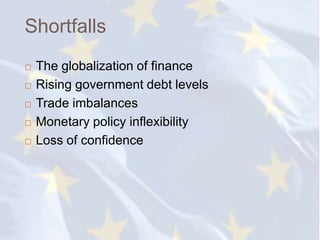 Shortfalls
   The globalization of finance
   Rising government debt levels
   Trade imbalances
   Monetary policy inflexibility
   Loss of confidence
 