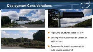 Deployment Considerations
 Rigid LOS structure needed for MW
 Existing infrastructure can be utilised to
reduce costs
 Space can be leased on commercial
radio towers as required
 