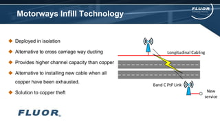 Motorways Infill Technology
 Deployed in isolation
 Alternative to cross carriage way ducting
 Provides higher channel capacity than copper
 Alternative to installing new cable when all
copper have been exhausted.
 Solution to copper theft
Longitudinal Cabling
Band C PtP Link
New
service
 