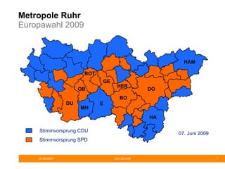 Metropole Ruhr Europawahl 2009 07. Juni 2009 Münster Stimmvorsprung CDU Stimmvorsprung SPD DO GE HER E MH OB DU BOT HAM HA BO 