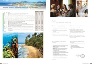 Seven Seas Navigator®

| Todo Suites el 90% con terraza privada, para tan sólo 490 pasajeros

precio €pp
Salida

Noches

Itinerario

Penthouse
Suite Cat. C

Concierge
Suite Cat. E

Ventana
Suite Cat. H

Miami, Grand Turk, San Juan, St. Barts, St. Maarten, Tortola, La Romana, Bahamas, Miami

4 349€

4 199€

3 139€

10

Miami, Bahamas, San Juan, St. Barts, Antigua, Sta. Lucia, St. Maarten, Miami

4 349€

4 199€

3 139€

27 Ene

10

Miami, Costa Maya, Roatán, Santo Tomás de Castilla, Ciudad Belize, Cozumel, Gran Caimán, Key West, Miami

4 729€

4 579€

3 439€

6 Feb

10

Miami, Grand Turk, San Juan, St. Barts, St. Maarten, Tortola, La Romana, Bahamas, Miami

4 729€

4 579€

3 439€

16 Feb

10

Miami, Costa Maya, Roatán, Santo Tomás de Castilla, Ciudad de Belize, Cozumel, Gran Caimán, Key West, Miami

4 729€

4 579€

3 439€

26 Feb

10

Miami, San Juan, St. Barts, Antigua, Sta. Lucia, St. Maarten, Miami

4 729€

4 579€

3 439€

8 Mar

10

Miami, Costa Maya, Roatán, Santo Tomás de Castilla, Ciudad de Belize, Cozumel, Gran Caimán, Key West, Miami

4 579€

4 429€

3 289€

18 Mar

10

Miami, St. Maarten, Sta. Lucia, St. Barts, Antigua, San Juan, Bahamas, Miami

4 579€

4 429€

3 289€

28 Mar

7

Miami, Ciudad de Belize, Roatán, Cozumel, Key West, Miami

3 219€

3 059€

2 159€

4 Abr

10

Miami, Bahamas, Hamilton N , Charleston N , Jacksonville, Puerto Cañaveral, Miami

4 919€

4 689€

3 479€

14 Abr

17

Miami, Key West, Cartagena, Tránsito por el Canal de Panamá, Punta Arenas, San Juan del Sur, Puerto Quetzal,
Puerto Chiapas, Cabo San Lucas, San Diego, San Francisco

7 669€

7 369€

5 699€

1 May

9

San Francisco, Astoria, Navegación por el Pasaje Exterior, Sitka, Navegación por el Glaciar Hubbard, Juneau,
Ketchikan, Vancouver

4 329€

4 179€

3 039€

20 May

7

Vancouver, Navegación por el Pasaje Interior, Ketchikan, Wrangell, Navegación por el Fiordo Tracy Arm, Juneau,
Hoonah, Seward

3 849€

3 699€

2 329€

27 May
N

10

17 Ene

CARIBE

7 Ene

7

Seward, Navegación por el Glaciar Hubbard, Skagway, Sitka, Prince Rupert, Navegación por el Pasaje Exterior,
Victoria, Vancouver

4 359€

4 209€

2 689€

disfrute

¡está todo incluido! 2015

M
  enus de los restaurantes y bares

t
  odas las bebidas incluidas, desde los

traducidos al español, así como las

más selectos champagnes a exquisitos

principales informaciones ycomunicados

vinos y licores

en las Suites
E
  XCURSIONES INCLUIDAS en todos los
cruceros

= noche a bordo

P
  ropinas incluidas
t
  odos los restaurantes a bordo
están incluidos, hasta los de especialidades

T
  ODAS LAS ACTIVIDADES A BORDO
están incluidas: charlas con expertos,
shows de reconocidos directores de teatro,
actividades deportivas, y mucho más

 Descuentos Seven Seas Society ®
M
  inibar en la Suite, repuesto diariamente
S
  ERVICIO DE HABITACIONES las 24 horas
y Cena en la Suite

eN lAS SUITES Concierge,
ADEMÁS...

nuevo
nuevo

en las suites PENTHOUSE,
además...

•	 1-Paquete pre-crucero en Hotel de Lujo incluido

•	 Mayordomo personal

•	

•	 Productos de baño Hermés®

•	

–Programas en tierra incluidos
en Asia y África
–WiFi INCLUIDO en todos los barcos*

•	 iPad ® y estacion de sonido BOSE ® para el
iPod ®

•	 Prioridad en la reserva de excursiones y de
restaurantes online
•	 15 minutes GRATIS de llamadas telefónicas
•	 10% de descuento en la compra de vinos y licores
de primeras marcas
•	 5% de descuento en noches adicionales o
programas pre y post-crucero y en Excursiones
Regent Choice
•	 Prismáticos en su Suite, cafetera Illy, manta de
cashmere y un regalo especial de Regent
*  asta 500 minutos de WiFi GRATIS dependiendo de la duración del crucero, para Suites
H
Concierge y superiores.

18

www. r ss c . c o m

c a le n d a r i o 2 014 - 15

19

 