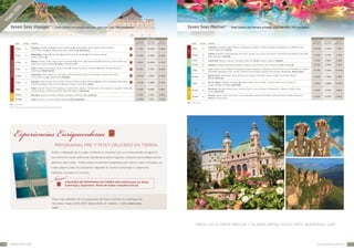 01
5
je
s2
Vi
a

Seven Seas Voyager®

Seven Seas Mariner®

| Todo Suites con terraza privada, para tan sólo 700 pasajeros

| Todo Suites con terraza privada, para tan sólo 700 pasajeros

precio €pp

precio €pp
Salida

Noches

Penthouse
Suite Cat. C

Itinerario

Concierge
Suite Cat. E

Deluxe
Suite Cat. H

Concierge
Suite Cat. E

Deluxe
Suite Cat. H

Auckland, Tauranga, Napier, Picton, Christchurch (Lyttelton), Timaru, Dunedin, Navegación por Milford Sound,
Hobart, Melbourne, Sydney

10 699€

8 349€

7 199€

20 Ene

16

Sydney, Brisbane, Champagne Bay, Port Vila, Lautoka, Suva, Cruce de la línea internacional del tiempo, Apia, Pago
Pago, Bora Bora, Papeete

9 369€

6 719€

5 729€

4 Feb

10

Papeete N , Moorea, Fakarava, Rangiroa, Bora Bora N N , Raiatea, Huahine, Papeete

7 259€

4 989€

4 229€

14 Feb

16

Papeete, Huahine, Bora Bora, Rangiroa, Fakarava, Islas Pitcairn, Islas de Pascua, Lima (Callao) N

8 709€

6 509€

5 749€

2 Mar

20

Lima (Callao), Pisco, Matarani (Arequipa), Iquique, Coquimbo, Valparaíso, Puerto Montt, Puerto Chacabuco, Laguna
San Rafael, Navegación por Fiordos Chilenos, Punta Arenas, Ushuaia, Port Stanley, Montevideo, Buenos Aires

15 109€

11 239€

10 029€

22 Mar

11

Buenos Aires, Montevideo, Punta del Este, Rio Grande, Porto Belo, Santos, Paraty, Ilha Grande, Buzios,
Río De Janeiro N

9 979€

7 329€

6 189€

9 769€

2 Abr

18

Río De Janeiro, Salvador de Bahía N , Recife, Natal, Porto Grande, Arrecife, Santa Cruz de Tenerife,
Tánger, Málaga (Granada), Barcelona

7 299€

5 989€

5 079€

9 949€

8 819€

20 Abr

10

Barcelona, Marsella, Monte Carlo, Florencia/Pisa (Livorno), Roma (Civitavecchia), Palermo (Sicilia), Kotor,
Zadar, Venecia N

6 259€

4 579€

3 669€

4 709€

4 219€

3 529€

10

4 709€

4 219€

3 529€

30 Abr

Venecia, Koper, Zadar, Kotor, Bari, Corfú, Zakynthos, Taormina (Sicilia), Capri (Sorrento), Amalfi (Positano),
Roma (Civitavecchia)

6 259€

4 579€

3 669€

16

Hong Kong, Xiamen N , Shanghai N , Hiroshima, Kyoto (Kobe) N , Seúl (Inchon), Dalian,
Beijing (Tianjin) N

10 519€

9 759€

8 249€

21 Feb

18

Beijing (Tianjin), Dalian, Seúl (Inchon), Shanghai N , Xiamen N , Hong Kong N , Kaoshiung, Taipei (Keelung),
Kagoshima, Kyoto (Kobe) N , Tokyo (Yokohama) N

11 659€

10 899€

9 379€

11 Mar

16

Tokyo (Yokohama), Nagoya, Kyoto (Kobe) N , Hiroshima, Busan, Shanghái N , Naha, Ishigaki, Keelung,
Kaoshiung, Hong Kong N

10 519€

9 759€

8 249€

27 Mar

17

Hong Kong, Taipei (Keelung), Kaoshiung, Manila, Boracay Island, Kota Kinabalu, Muara, Nha Trang,
Ho Chi Minh City N , Sihanoukville, Singapur

10 679€

9 919€

8 409€

20

Singapur, Kuala Lumpur (Port Klang), Penang, Phuket, Yangon (Burma) N N , Cochin, Mangalore, Mormugao,
Mumbai (Bombay), Muscat (Port Qaboos), Fujairah, Abu Dhabi, Dubai

12 049€

11 289€

3 May

20

Dubai, Fujairah, Muscat (Port Qaboos), Salalah, Petra (Aqaba), Tránsito por el Canal de Suez, Jerusalén (Haifa) N ,
Limassol, Rodas, Taormina (Sicilia), Palma de Mallorca, Barcelona

11 029€

23 May

7

Barcelona, Valencia, Alicante, Málaga (Granada), Gibraltar, Cádiz, Lisboa N

30 May

7

Lisboa, Oporto, La Coruña, Bilbao, Burdeos N , Southampton

V. M.

9 469€

tAHITI

10 979€

Sudam.

11 739€

MED

Singapur, Ko Samui, Bangkok (Laem Chabang) N , Sihanoukville, Muara Siberut, Kota Kinabalu,
Ho Chi Minh City N , Da Nang, Hanoi (Ha Long Bay) N , Hong Kong

13 Abr

Viajes Mundiales

Itinerario

14

18

5 Feb

MED

Noches

6 Ene

18 Ene

N

Salida

Penthouse
Suite Cat. C

N

= noche a bordo

= noche a bordo

NB: Combine su crucero y obtenga beneficios especiales. Rogamos consultar!

Experiencias Enriquecedoras

Programas pre y post-crucero en tierra

Antes o después de su viaje, combine su crucero con un enriquecedor programa
por tierra sin coste adicional, dónde descubrirá lugares y tesoros escondidos de los
destinos que visite. Todos estos excitantes programas por tierra, están incluidos sin
coste alguno para los pasajeros viajando en Suites Concierge o superiores.

Nuevo!

Relájese y explore el mundo…
3 nOCHES DE PROGRAMA EN TIERRA INCLUIDAS para las Suites
Concierge y Superiores. Resto de Suites consultar precios.

Para más detalles de los paquetes de tierra solícite su catálogo de
Grandes Viajes 2014-2015 (disponible en inglés) o visite www.rssc.
com

para los últimos precios y planos detallados visite www.rssc.com

16

www. r ss c . c o m

c a le n d a r i o 2 014 - 15

17

 