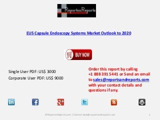EU5 Capsule Endoscopy Systems Market Outlook to 2020
Single User PDF: US$ 3000
Corporate User PDF: US$ 9000
Order this report by calling
+1 888 391 5441 or Send an email
to sales@reportsandreports.com
with your contact details and
questions if any.
1© ReportsnReports.com / Contact sales@reportsandreports.com
 