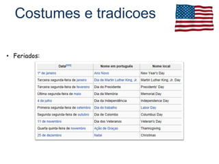 Costumes e tradicoes

• Feriados:
 