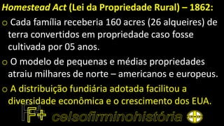 Homestead Act (Lei da Propriedade Rural) – 1862:
o Cada família receberia 160 acres (26 alqueires) de
terra convertidos em propriedade caso fosse
cultivada por 05 anos.
o O modelo de pequenas e médias propriedades
atraiu milhares de norte – americanos e europeus.
o A distribuição fundiária adotada facilitou a
diversidade econômica e o crescimento dos EUA.
 