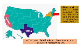 The states of California and Texas are the most
populated, representing 54%.
New York is
the most
populous city
in The U.S.A
and one of the
most populous
in the world.
 
