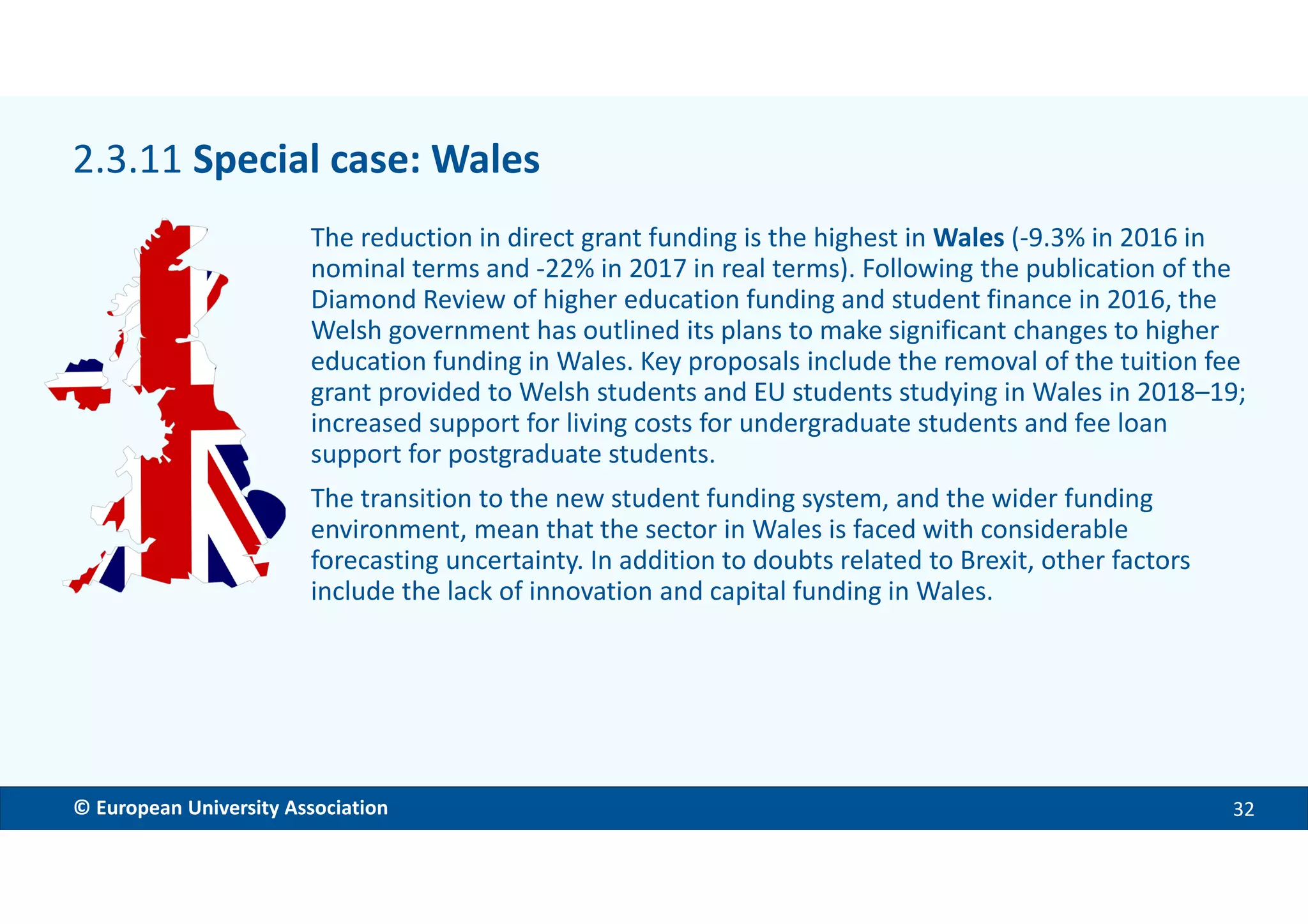 EMBARGOED VERSION 11 Dec. 2017© European University Association 32
The reduction in direct grant funding is the highest in Wales (-9.3% in 2016 in
nominal terms and -22% in 2017 in real terms). Following the publication of the
Diamond Review of higher education funding and student finance in 2016, the
Welsh government has outlined its plans to make significant changes to higher
education funding in Wales. Key proposals include the removal of the tuition fee
grant provided to Welsh students and EU students studying in Wales in 2018–19;
increased support for living costs for undergraduate students and fee loan
support for postgraduate students.
The transition to the new student funding system, and the wider funding
environment, mean that the sector in Wales is faced with considerable
forecasting uncertainty. In addition to doubts related to Brexit, other factors
include the lack of innovation and capital funding in Wales.
2.3.11 Special case: Wales
 