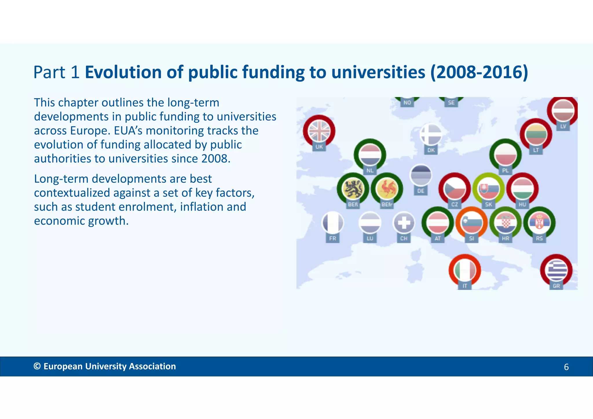 EMBARGOED VERSION 11 Dec. 2017© European University Association 6
This chapter outlines the long-term
developments in public funding to universities
across Europe. EUA’s monitoring tracks the
evolution of funding allocated by public
authorities to universities since 2008.
Long-term developments are best
contextualized against a set of key factors,
such as student enrolment, inflation and
economic growth.
Part 1 Evolution of public funding to universities (2008-2016)
 