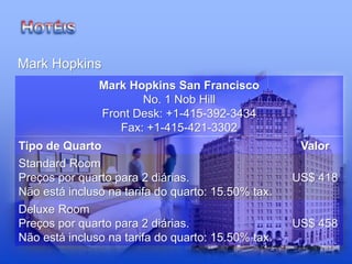 Mark Hopkins San Francisco
No. 1 Nob Hill
Front Desk: +1-415-392-3434
Fax: +1-415-421-3302
Mark Hopkins
Tipo de Quarto Valor
Standard Room
Preços por quarto para 2 diárias.
Não está incluso na tarifa do quarto: 15.50% tax.
US$ 418
Deluxe Room
Preços por quarto para 2 diárias.
Não está incluso na tarifa do quarto: 15.50% tax.
US$ 458
 