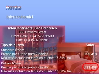Intercontinental
Tipo de quarto Valor
Standard Room
Preços por quarto para 2 diárias.
Não está incluso na tarifa do quarto: 15.50% tax.
US$ 418
Deluxe Room
Preços por quarto para 2 diárias.
Não está incluso na tarifa do quarto: 15.50% tax.
US$ 468
InterContinental São Francisco
888 Howard Street
Front Desk: +1-415-6166500
Fax: +1-415- 6166581
 