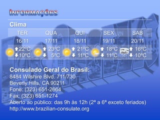 Clima
TER QUA QUI SEX SAB
16/11 17/11 18/11 19/11 20/11
22ºC
10ºC
 23ºC
 5ºC
 21ºC
 11ºC
 18ºC
 11ºC
 16ºC
 10ºC
Consulado Geral do Brasil:
8484 Wilshire Blvd. 711/730
Beverly Hills, CA 90211
Fone: (323) 651-2664
Fax: (323) 651-1274
Aberto ao público: das 9h às 12h (2ª a 6ª exceto feriados)
http://www.brazilian-consulate.org
 