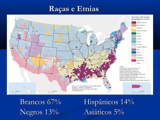 Brancos 67%Brancos 67% Hispânicos 14%Hispânicos 14%
Negros 13%Negros 13% Asiáticos 5%Asiáticos 5%
Raças e EtniasRaças e Etnias
 