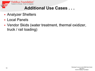 14
Petrobras FOUNDATION for ROM Demo Event
April 2013
© 2013 Fieldbus Foundation
Additional Use Cases . . .
 Analyzer Shelters
 Local Panels
 Vendor Skids (water treatment, thermal oxidizer,
truck / rail loading)
 