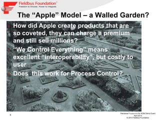 5
Petrobras FOUNDATION for ROM Demo Event
April 2013
© 2013 Fieldbus Foundation
The “Apple” Model – a Walled Garden?
• How did Apple create products that are
so coveted, they can charge a premium
and still sell millions?
• “We Control Everything” means
excellent “interoperability”, but costly to
user
• Does this work for Process Control?
 