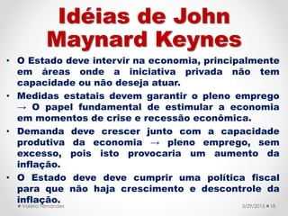 Idéias de John
Maynard Keynes
• O Estado deve intervir na economia, principalmente
em áreas onde a iniciativa privada não ...