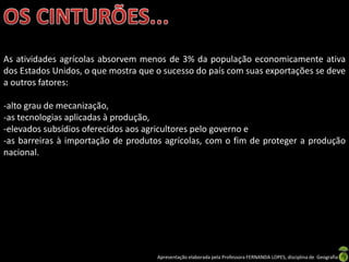 Apresentação elaborada pela Professora FERNANDA LOPES, disciplina de Geografia
As atividades agrícolas absorvem menos de 3% da população economicamente ativa
dos Estados Unidos, o que mostra que o sucesso do país com suas exportações se deve
a outros fatores:
-alto grau de mecanização,
-as tecnologias aplicadas à produção,
-elevados subsídios oferecidos aos agricultores pelo governo e
-as barreiras à importação de produtos agrícolas, com o fim de proteger a produção
nacional.
 