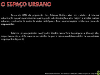 Apresentação elaborada pela Professora FERNANDA LOPES, disciplina de Geografia
Cerca de 80% da população dos Estados Unidos vive em cidades. A intensa
urbanização do país acompanhou suas fases de industrialização e deu origem a amplas malhas
urbanas, resultantes da união de várias metrópoles. Essas concentrações recebem o nome de
megalópoles.
Existem três megalópoles nos Estados Unidos. Nova York, Los Angeles e Chicago são,
respectivamente, as três maiores metrópoles do país e cada uma delas é núcleo de uma dessas
megalópoles (figura 6).
 