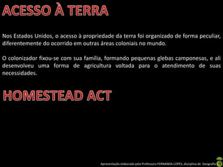 Apresentação elaborada pela Professora FERNANDA LOPES, disciplina de Geografia
Nos Estados Unidos, o acesso à propriedade da terra foi organizado de forma peculiar,
diferentemente do ocorrido em outras áreas coloniais no mundo.
O colonizador fixou-se com sua família, formando pequenas glebas camponesas, e ali
desenvolveu uma forma de agricultura voltada para o atendimento de suas
necessidades.
 