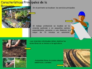 CaracterísticasPrincipales de la Propuesta -En el perímetro se localizan  los servicios principales-El trabajo profesional se localiza en la vivienda particular o en pequeños centros especializados cercanos a una distancia no mayor de 10 minutos en automóvil. -Las viviendas individuales deben destinar los acres libres de su terreno a la agricultura.-Autopistas libres de postes telegráficos y telefónicos y carteles .