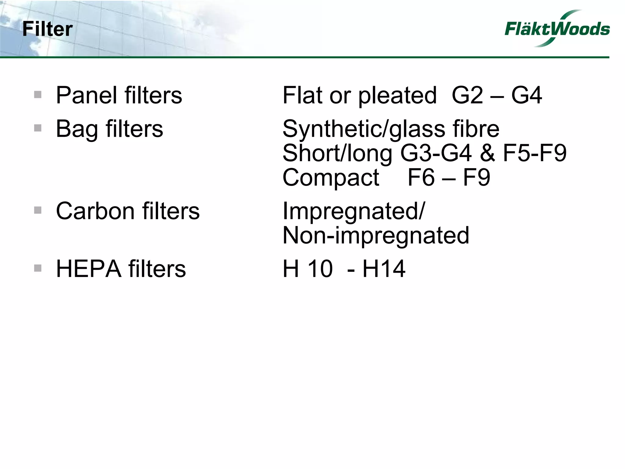Filter


  Panel filters    Flat or pleated G2 – G4
  Bag filters      Synthetic/glass fibre
                    Short/long G3-G4 & F5-F9
                    Compact F6 – F9
  Carbon filters   Impregnated/
                    Non-impregnated
  HEPA filters     H 10 - H14
 