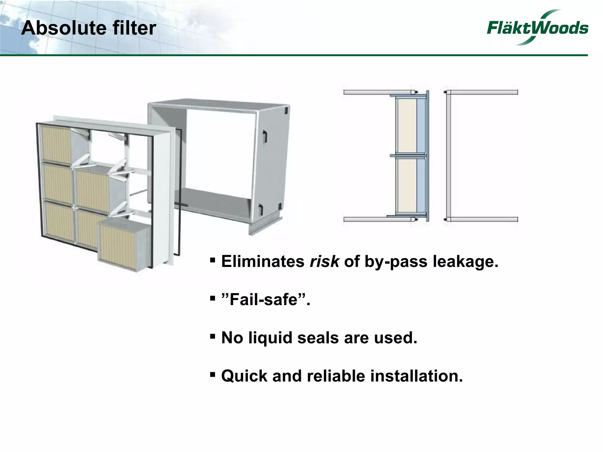 Absolute filter




                   Eliminates risk of by-pass leakage.

                   ”Fail-safe”.

                   No liquid seals are used.

                   Quick and reliable installation.
 