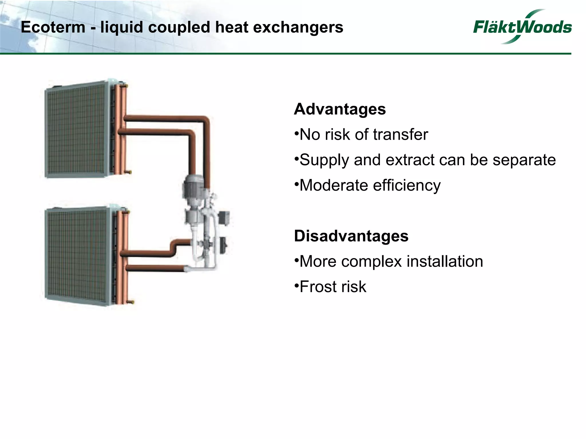 Ecoterm - liquid coupled heat exchangers




                                 Advantages
                                 •No risk of transfer
                                 •Supply and extract can be separate
                                 •Moderate efficiency


                                 Disadvantages
                                 •More complex installation
                                 •Frost risk
 