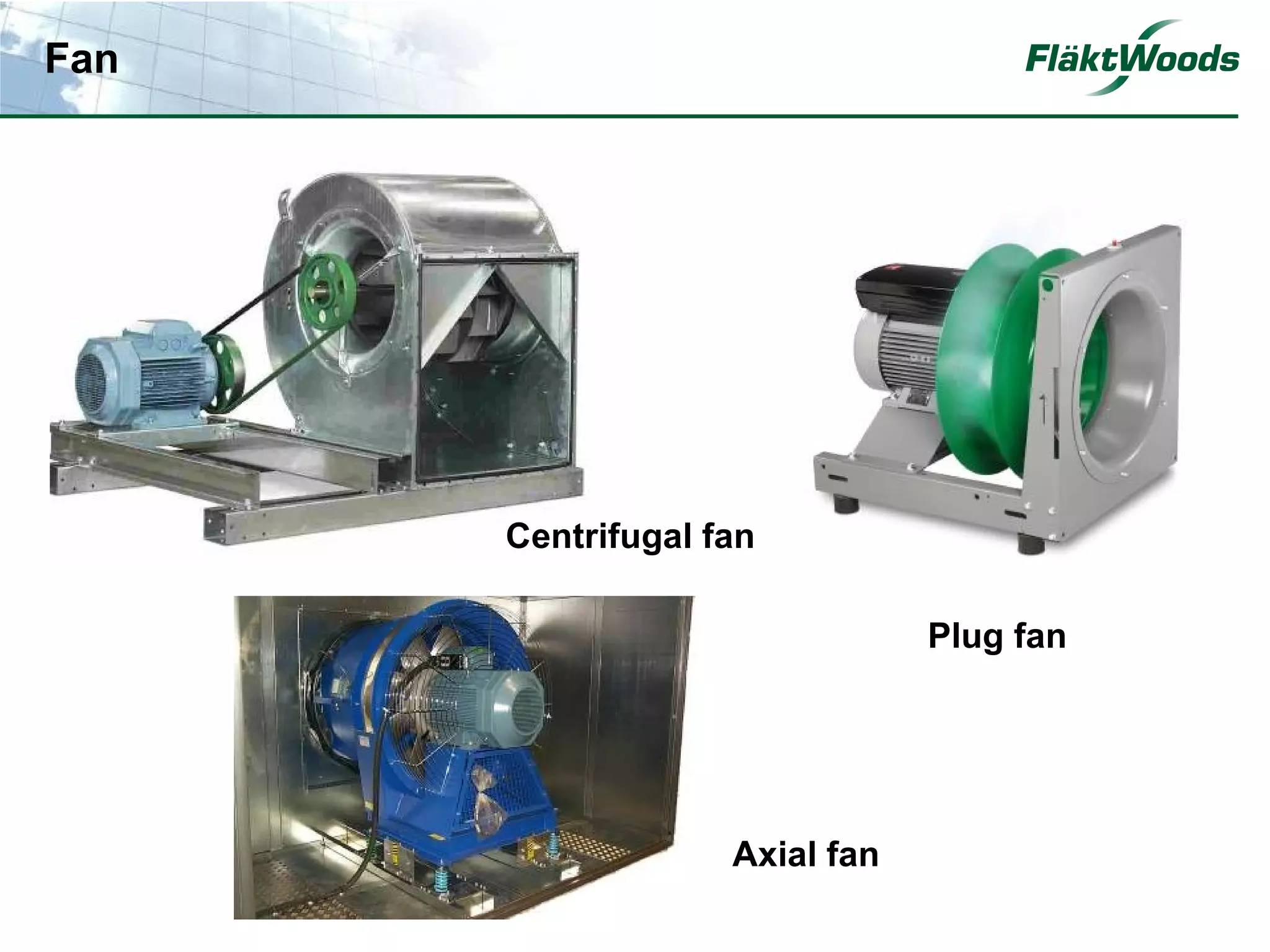 Fan




      Centrifugal fan

                               Plug fan




                   Axial fan
 