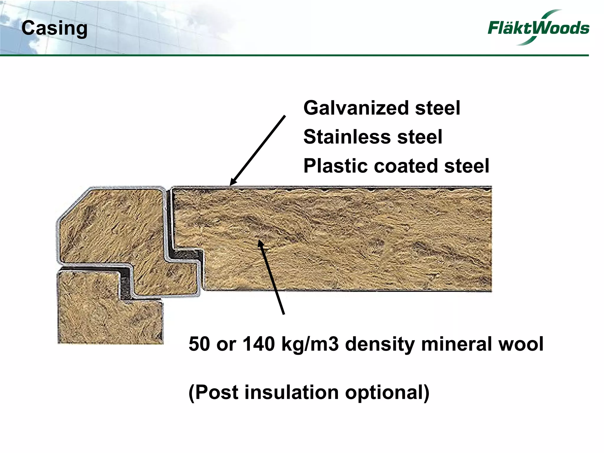 Casing


                     Galvanized steel
                     Stainless steel
                     Plastic coated steel




         50 or 140 kg/m3 density mineral wool

         (Post insulation optional)
 