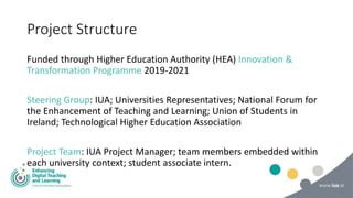Project Structure
Funded through Higher Education Authority (HEA) Innovation &
Transformation Programme 2019-2021
Steering Group: IUA; Universities Representatives; National Forum for
the Enhancement of Teaching and Learning; Union of Students in
Ireland; Technological Higher Education Association
Project Team: IUA Project Manager; team members embedded within
each university context; student associate intern.
 