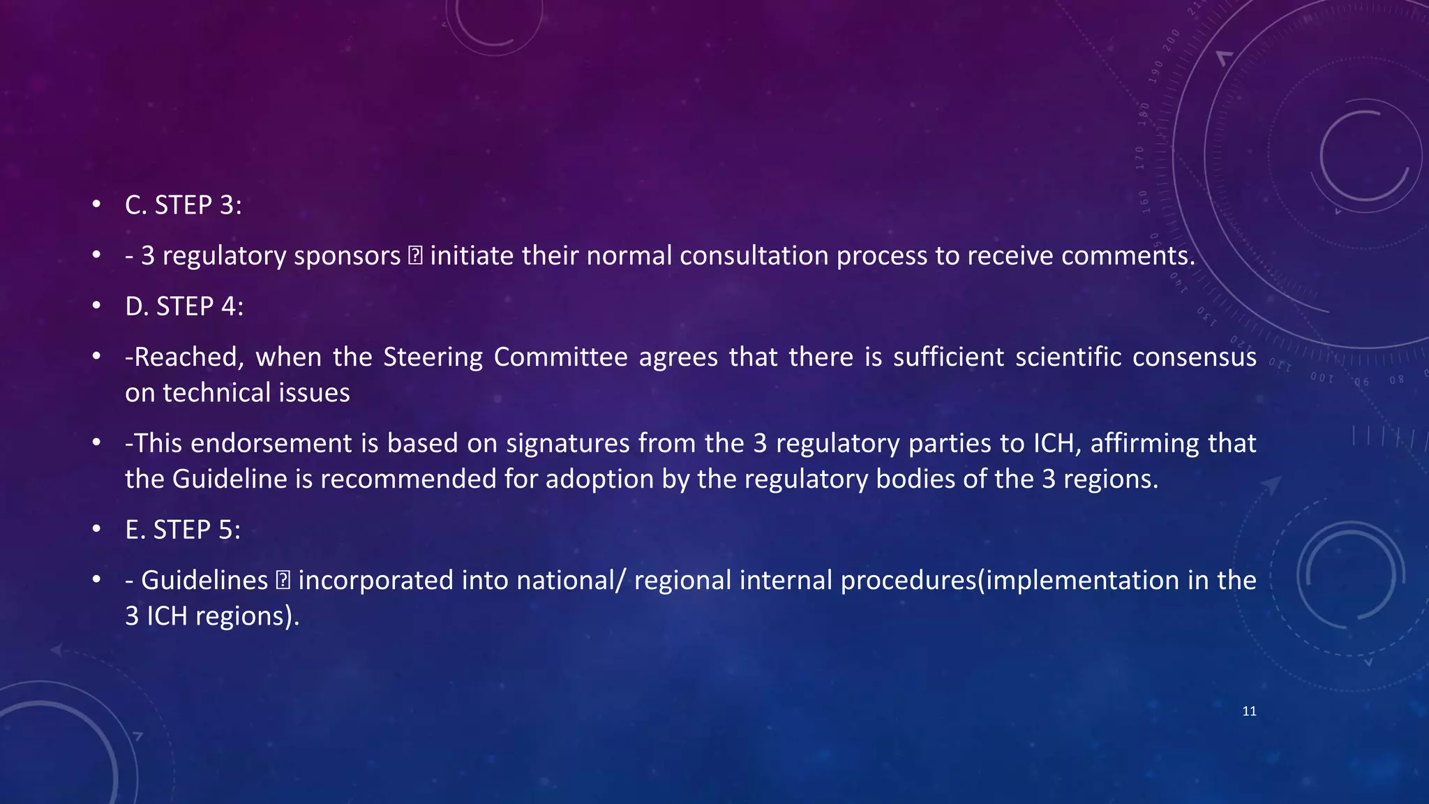 • C. STEP 3:
• - 3 regulatory sponsors initiate their normal consultation process to receive comments.
• D. STEP 4:
• -Reached, when the Steering Committee agrees that there is sufficient scientific consensus
on technical issues
• -This endorsement is based on signatures from the 3 regulatory parties to ICH, affirming that
the Guideline is recommended for adoption by the regulatory bodies of the 3 regions.
• E. STEP 5:
• - Guidelines incorporated into national/ regional internal procedures(implementation in the
3 ICH regions).
11
 