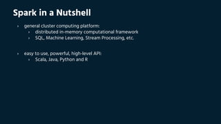 Spark in a Nutshell
› general cluster computing platform:
› distributed in-memory computational framework
› SQL, Machine Learning, Stream Processing, etc.
› easy to use, powerful, high-level API:
› Scala, Java, Python and R
 