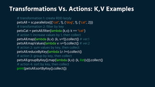 Transformations Vs. Actions: K,V Examples
# transformation 1: create RDD lazyly
petsAll = sc.parallelize((("cat", 1), ("dog", 1), ("cat", 2)))
# transformation 2: filter by key
petsCat = petsAll.filter(lambda (k,v): k == "cat")
# action 1: increase values by 1, then collect
petsAll.map(lambda (k,v): (k, v+1)).collect() # ver.1
petsAll.mapValues(lambda v: v+1).collect() # ver.2
# action 2: sum values by key, then collect
petsAll.reduceByKey(lambda l,r: l+r).collect()
# action 3: group by key, then collect
petsAll.groupByKey().map(lambda (k,v): (k, list(v))).collect()
# action 4: sort by key, then collect
print(petsAll.sortByKey().collect())
 