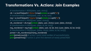 Transformations Vs. Actions: Join Examples
# transformation 1: RDD[(date, user, clicks)]
clk = sc.textFile(path+"clk.tsv").map(lambda x: x.split("t"))
# transformation 2: RDD[(date, user, id, lat, lon)]
reg = sc.textFile(path+"reg.tsv").map(lambda x: x.split("t"))
# transformation 3: RDD[(user, (date, clicks))]
clk_reordered = clk.map(lambda (date, user, clicks): (user, (date, clicks)))
# transformation 4: RDD[(user, (date, id, lat, lon))]
reg_reordered = reg.map(lambda (date, user, id, lat, lon): (user, (date, id, lat, lon)))
# transformation 5: RDD[(user, ((date, clicks), (date, id, lat, lon)))]
joined = clk_reordered.join(reg_reordered)
print(joined.count()) # action 1: print total number of successful joins
print(joined.first()) # action 2: print first element of newly-joined RDD
 