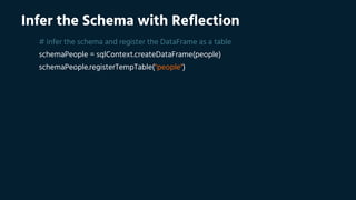 Infer the Schema with Reflection
# infer the schema and register the DataFrame as a table
schemaPeople = sqlContext.createDataFrame(people)
schemaPeople.registerTempTable("people")
 
