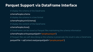 Parquet Support via DataFrame Interface
# display the schema of the DataFrame
schemaPeople.schema
# display the schema in a tree format
schemaPeople.printSchema()
# display the content of the DataFrame
schemaPeople.show()
# DataFrames can be saved as Parquet files maintaining the schema information
schemaPeople.write.parquet(path+"people.parquet")
# Parquet files are self-describing so the schema is preserved; the result is also a DataFrame
parquetFile = sqlContext.read.parquet(path+"people.parquet")
 