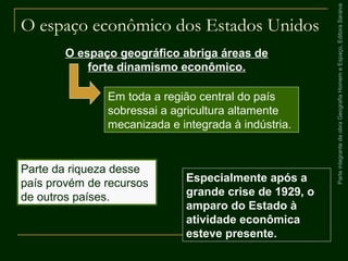 ParteintegrantedaobraGeografiaHomemeEspaço,EditoraSaraiva
O espaço econômico dos Estados Unidos
Parte da riqueza desse
país provém de recursos
de outros países.
O espaço geográfico abriga áreas de
forte dinamismo econômico.
Em toda a região central do país
sobressai a agricultura altamente
mecanizada e integrada à indústria.
Especialmente após a
grande crise de 1929, o
amparo do Estado à
atividade econômica
esteve presente.
 
