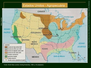 ParteintegrantedaobraGeografiaHomemeEspaço,EditoraSaraiva
Estados Unidos - Agropecuária
MárioYoshida
Fonte: World Atlas Londres: Dorling Kindersley, 1999. p. 53 (adaptado).
 